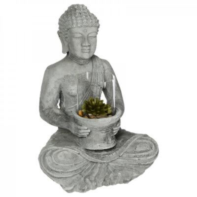 Statueta Buddha H40 din ciment cu bol de sticla